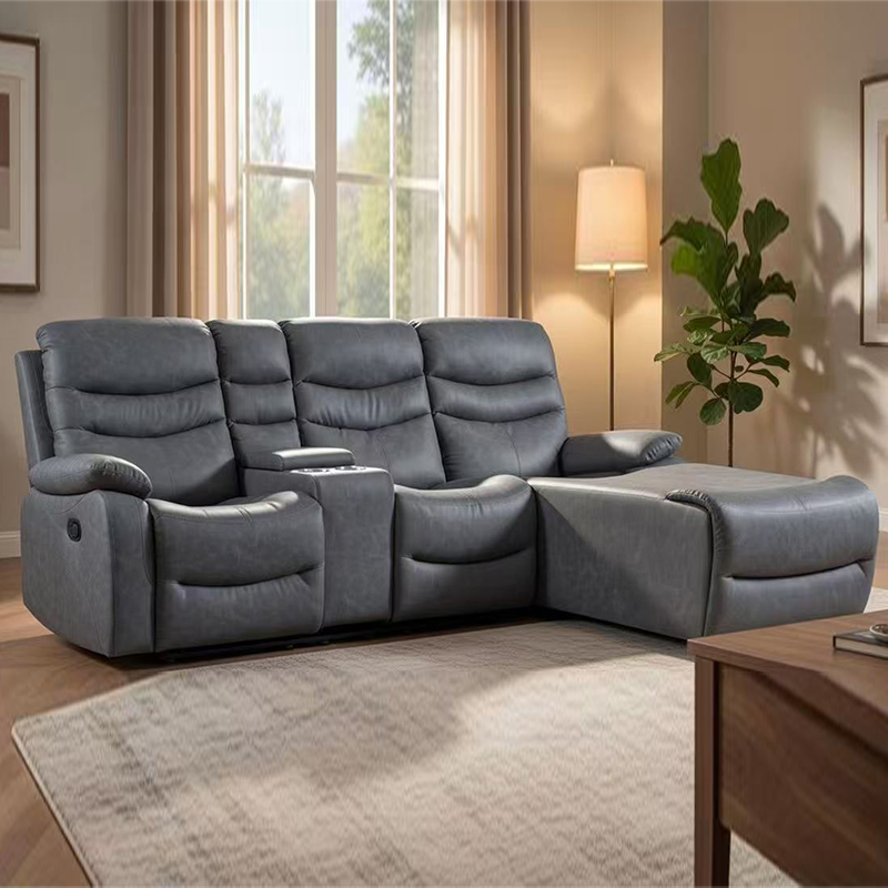 Asul na Upholstered Manual Recline Sectional na may Chaise at Storage